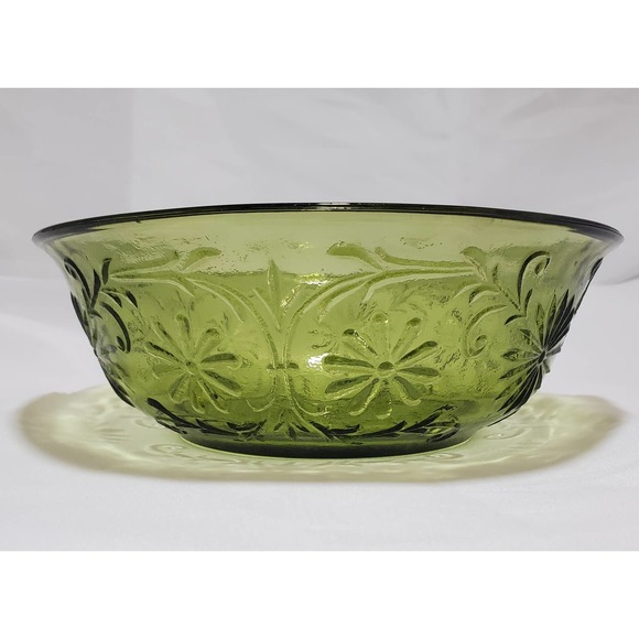 Vintage FTD Avocado Raised Green Floral Glass Serving Bowl - Picture 1 of 3